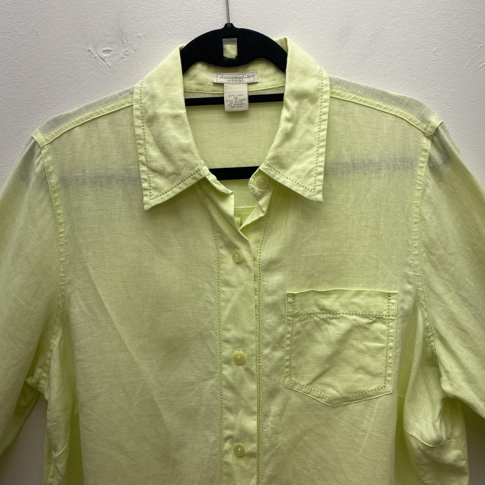 Deane White Shirt Womens 1X Yellow Linen Button Up 3/4 Sleeve Lightweight Pocket - Picture 2 of 12